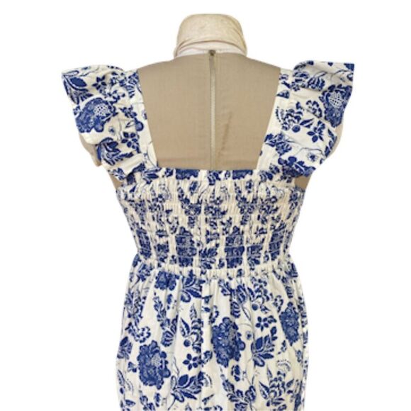 THML Maxi Dress Blue & White Floral Smocking Sz. M 100% Cotton - Picture 9 of 16